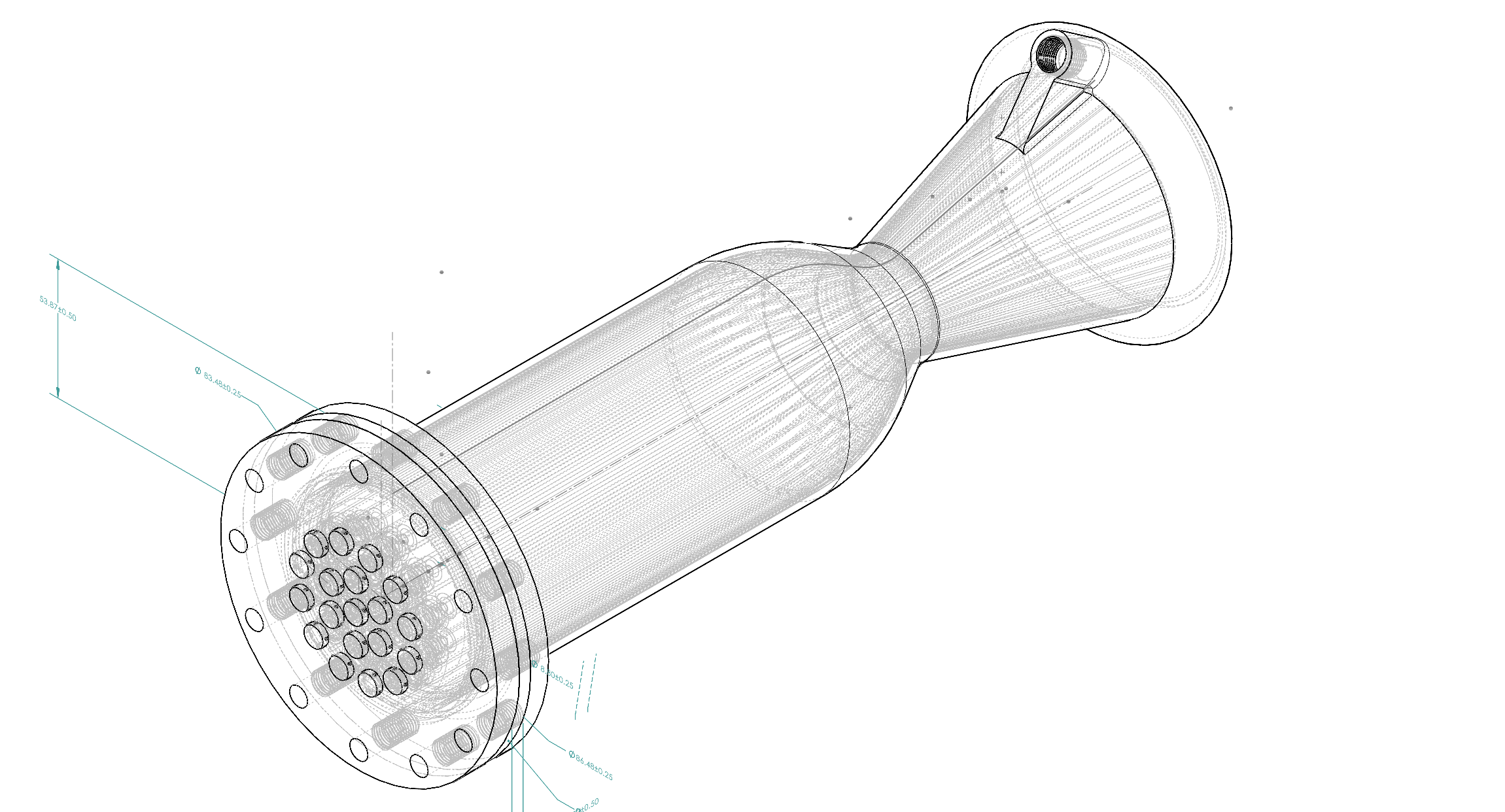 Wireframe view of the assembled 5 kN methalox rocket engine and its internal injector and cooling geometry.