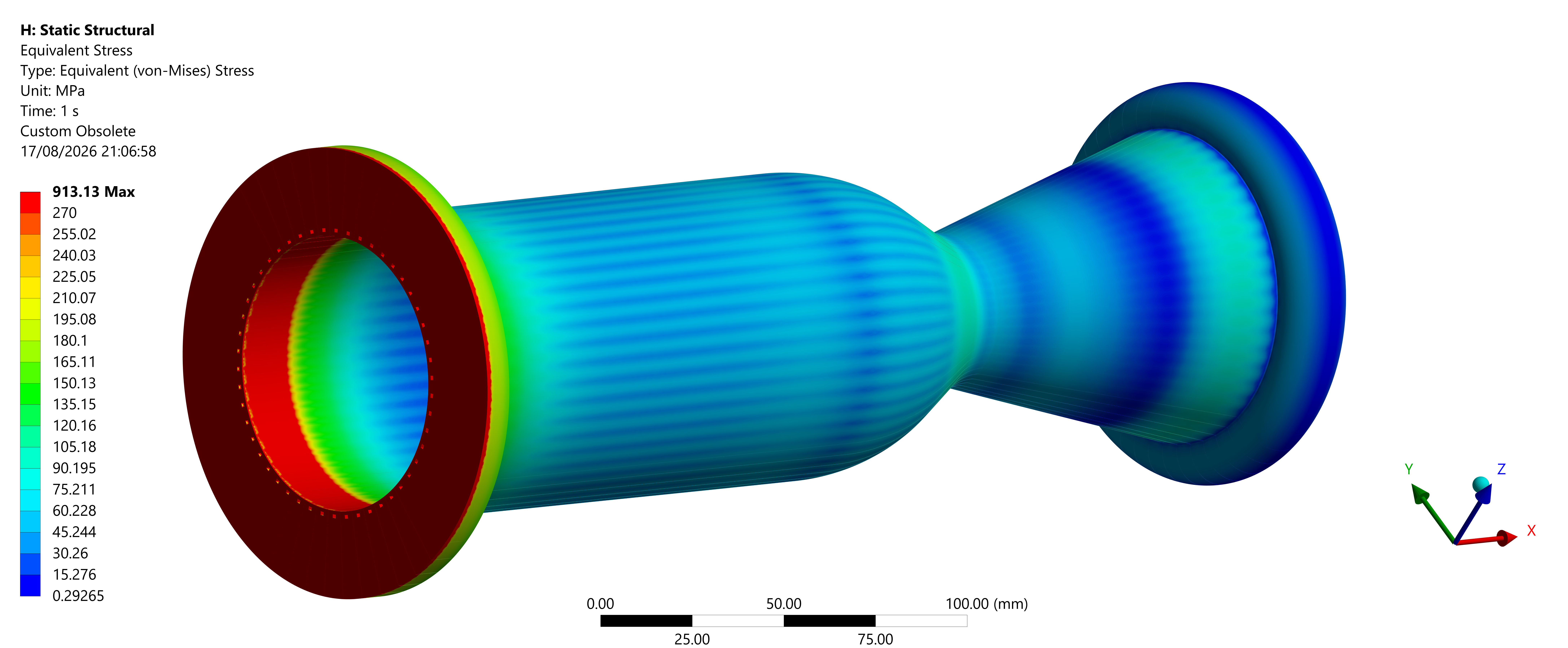 Static structural equivalent von Mises stress across the rocket-engine assembly.