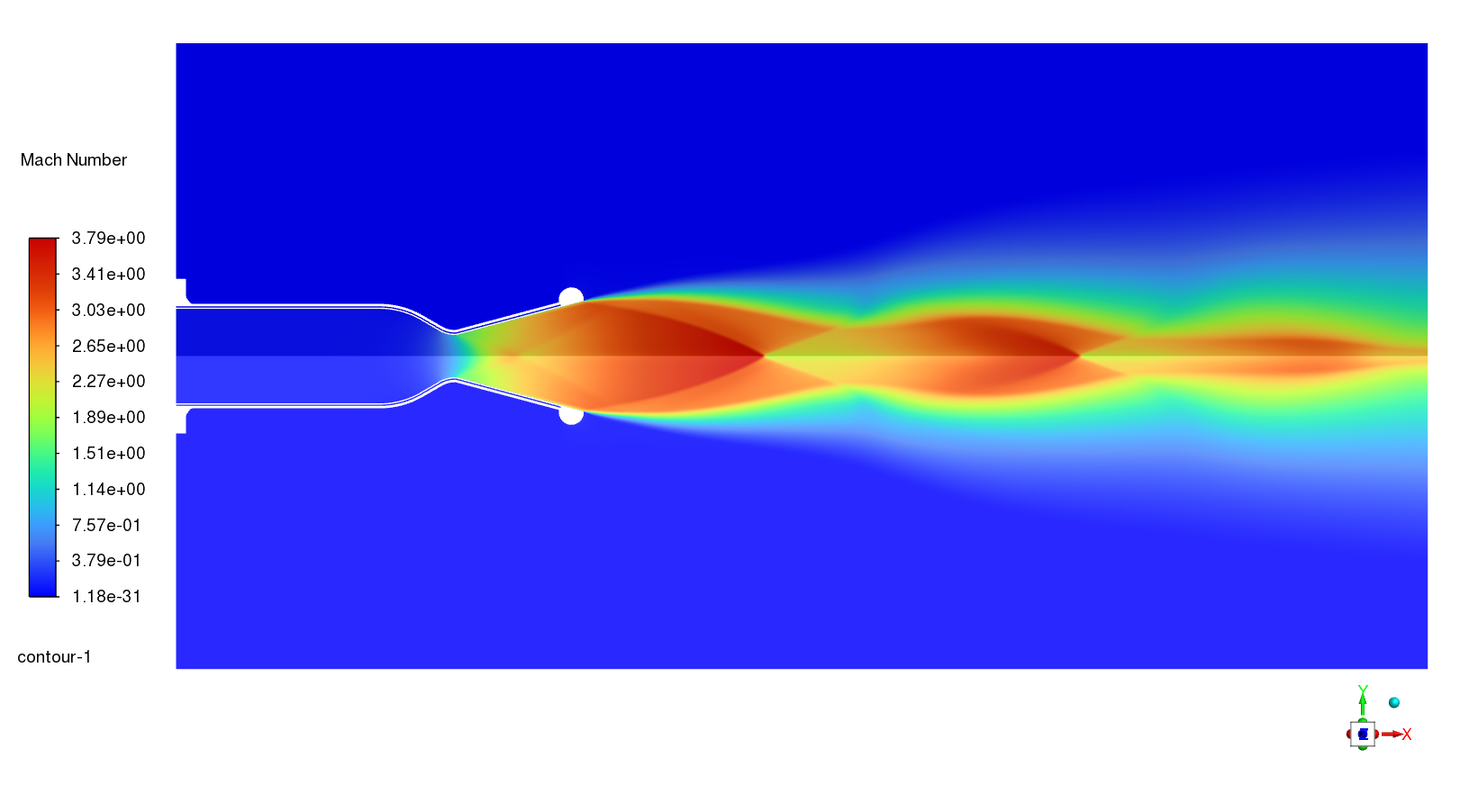 Mach-number contour through the combustion chamber and nozzle.