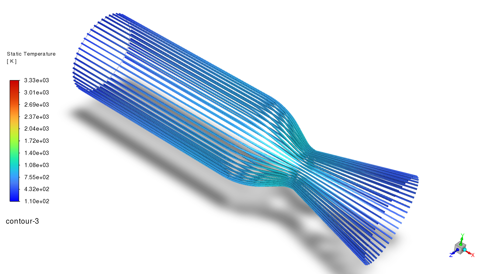 Temperature contour and coolant-flow path through the regenerative cooling channel.
