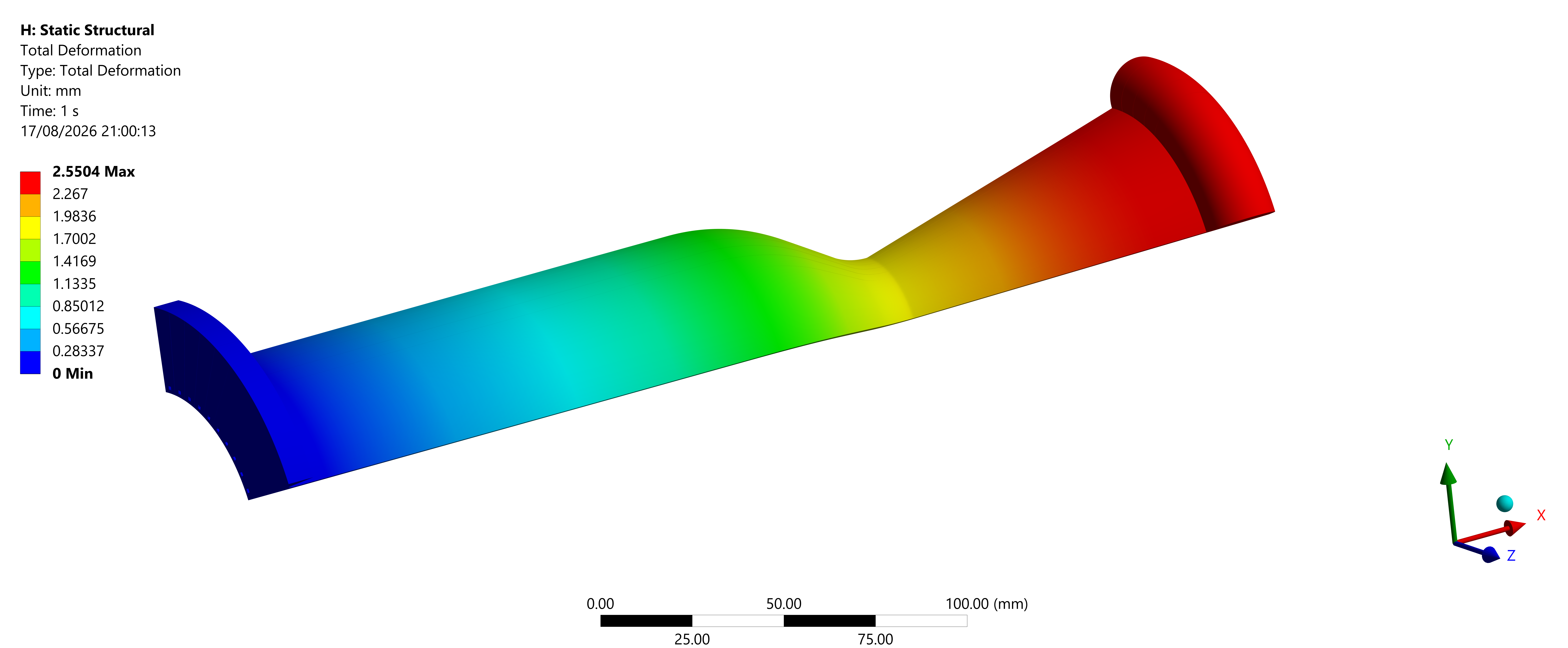 Sliced total-deformation result through the thrust chamber and nozzle.