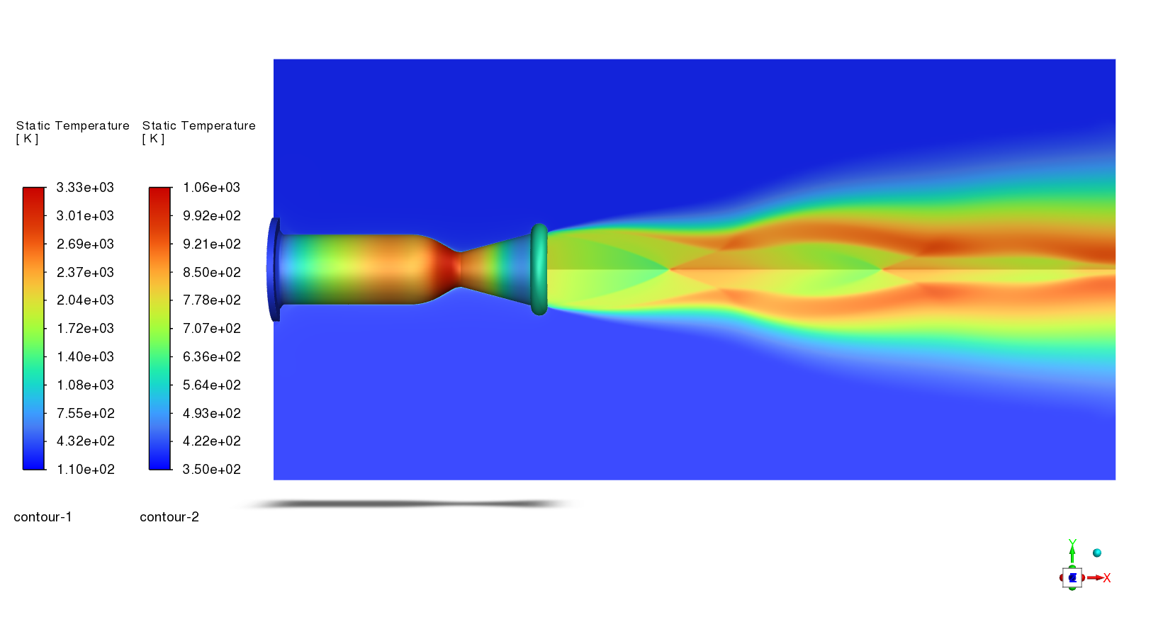 Static-temperature contour for the combustion gas and thrust-chamber wall.
