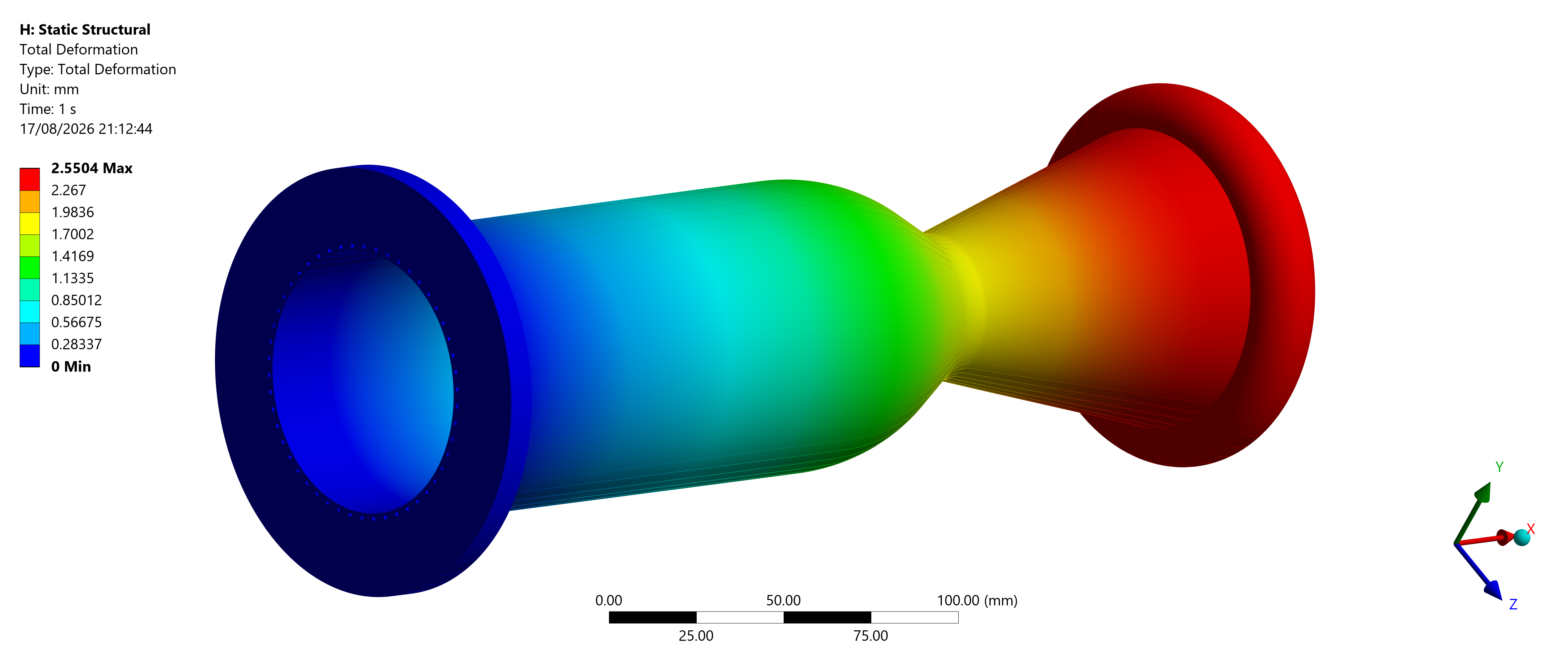 Total deformation across the complete rocket-engine assembly.