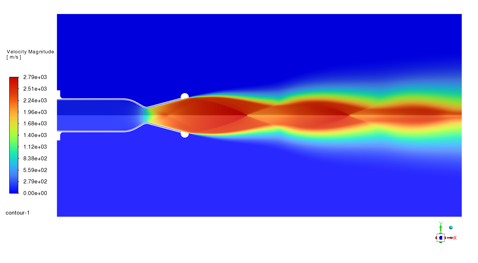 Velocity-magnitude contour through the combustion chamber and nozzle.