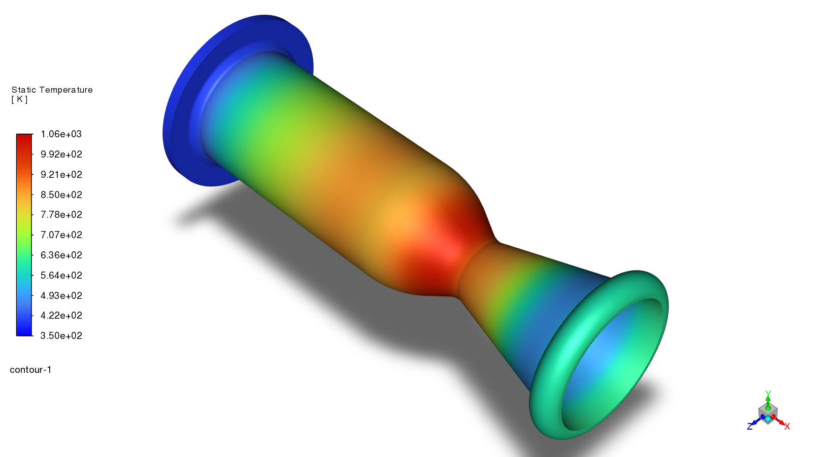Static-temperature contour of the thrust-chamber wall.