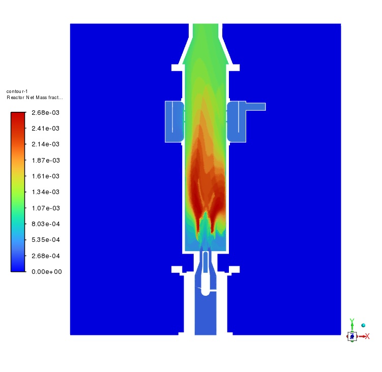 Hydrogen mass-fraction contour from the pure-ammonia conjugate heat-transfer combustion simulation.
