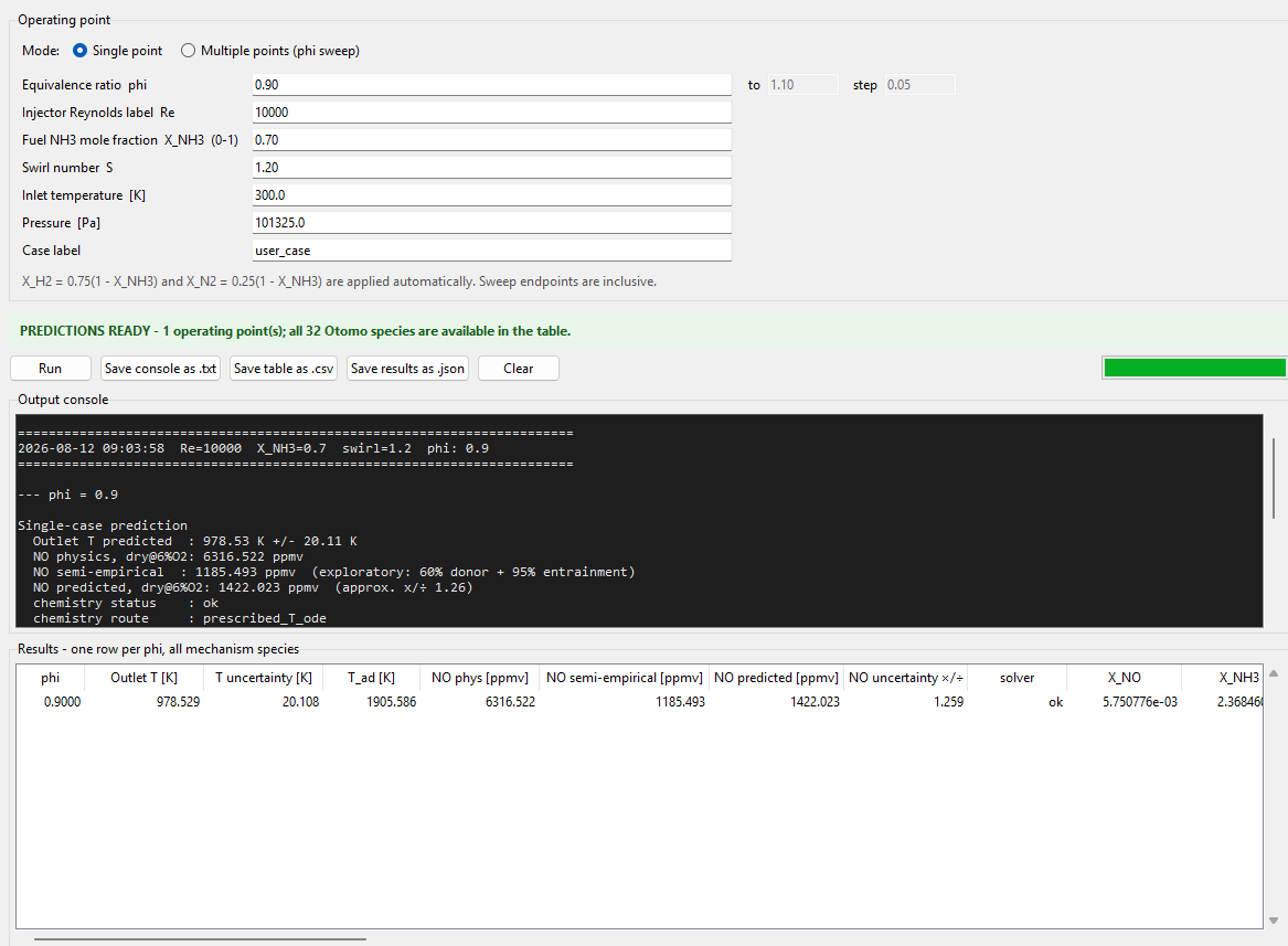 Desktop interface for entering burner operating conditions and reviewing temperature, NO, solver status, uncertainty, and the complete species output.