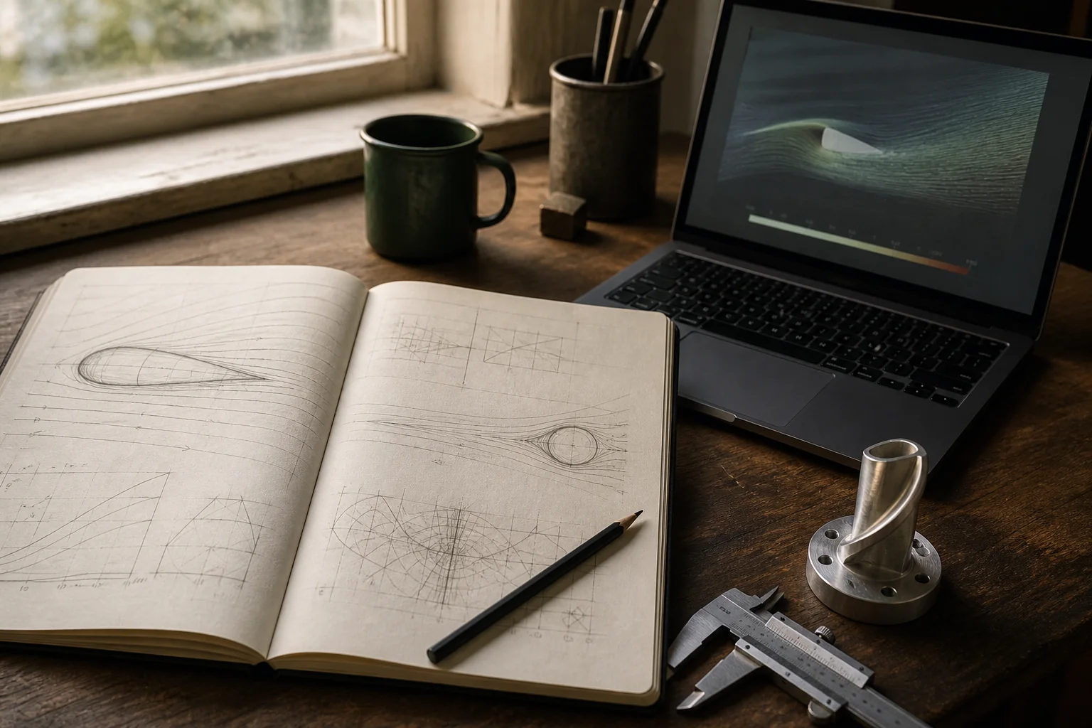 Pencil diagrams and a fluid simulation at a quiet workbench