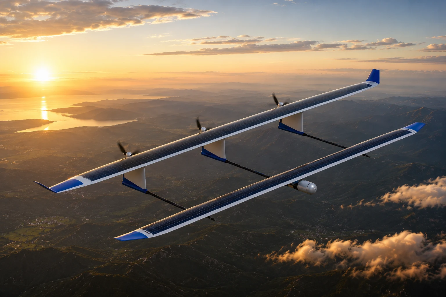 An evening concept rendering of a twin-fuselage solar HALE UAV flying above mountains and water