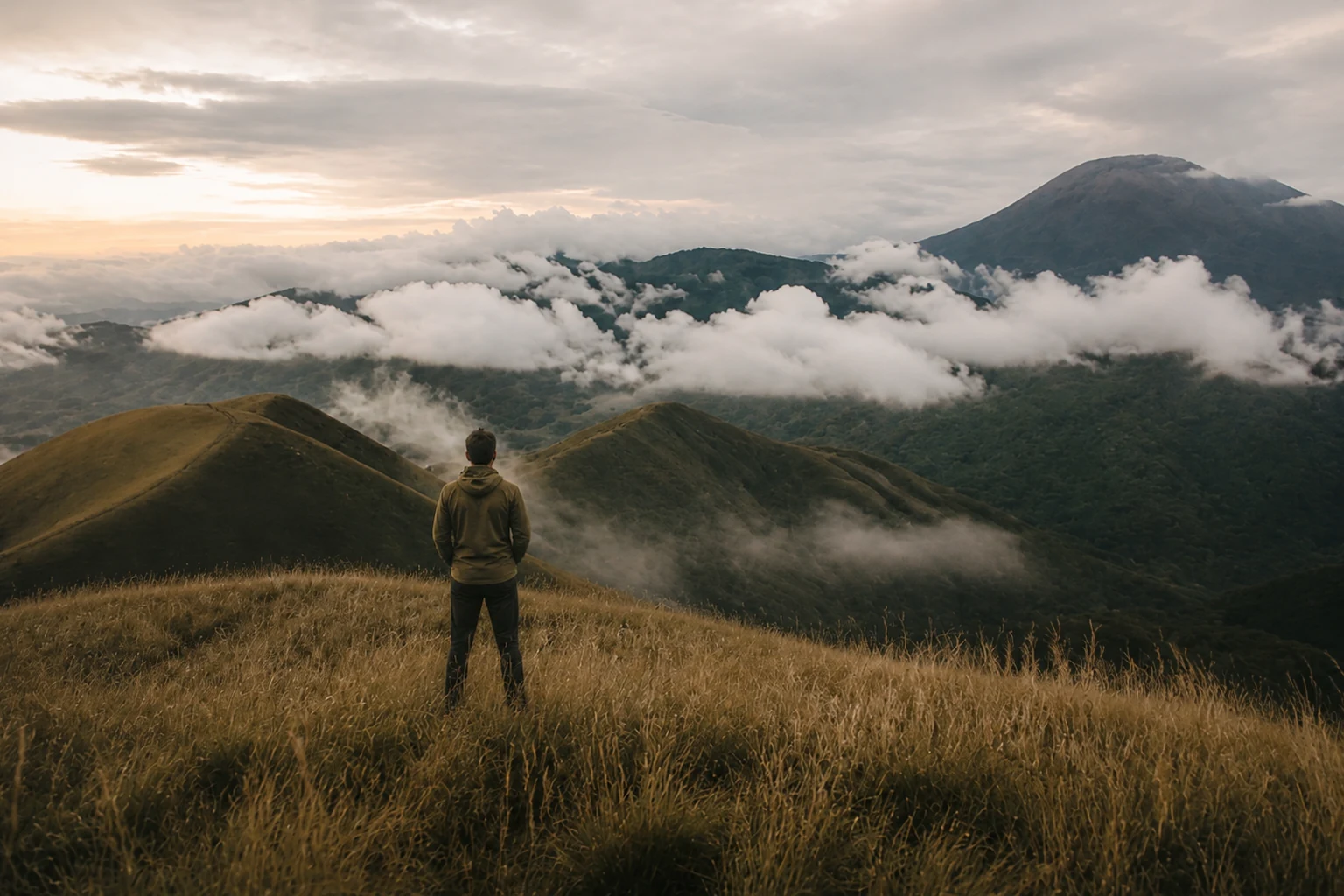 A solitary figure looking across mist-covered green highlands