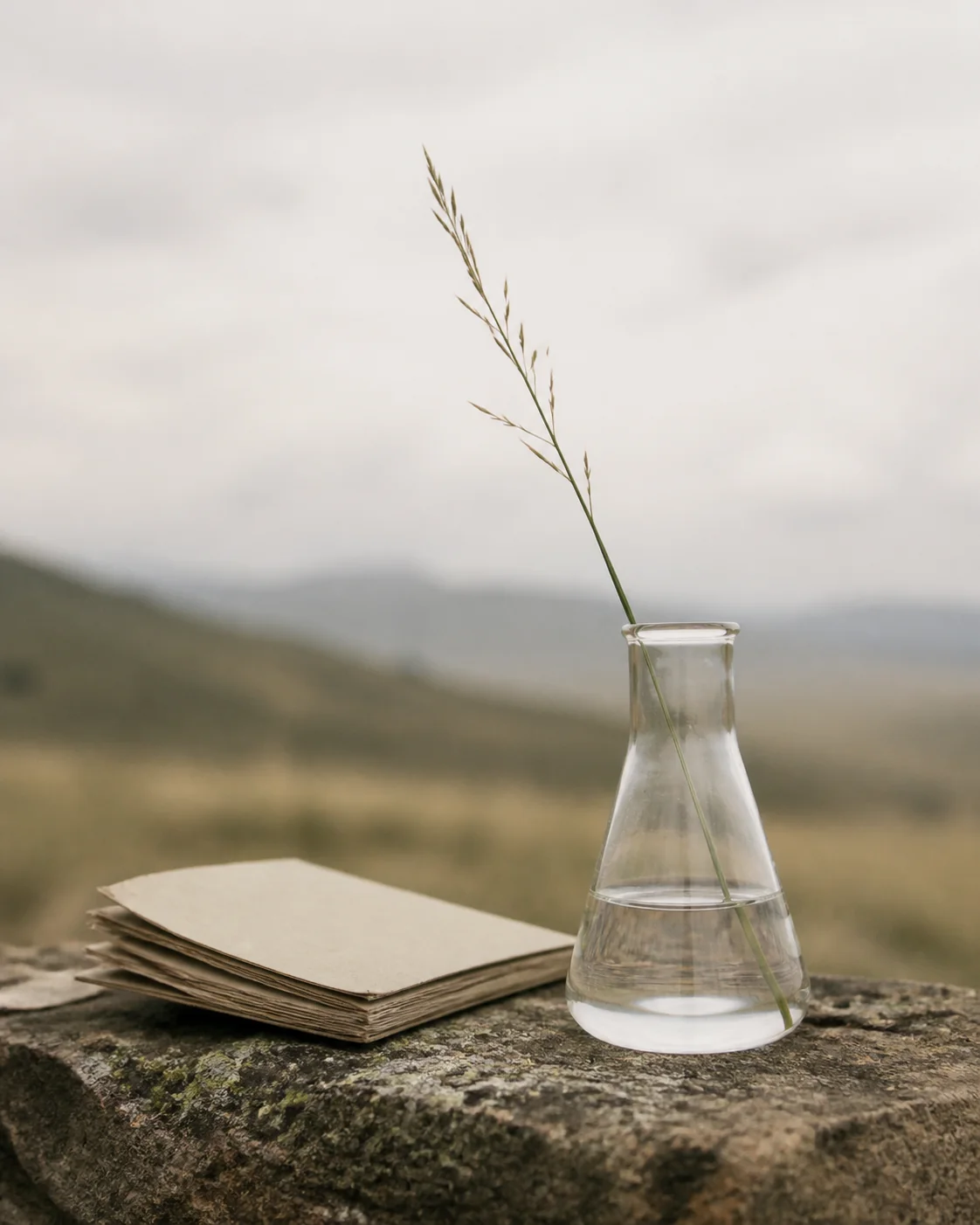 A wild grass stem in a laboratory flask beside a field notebook
