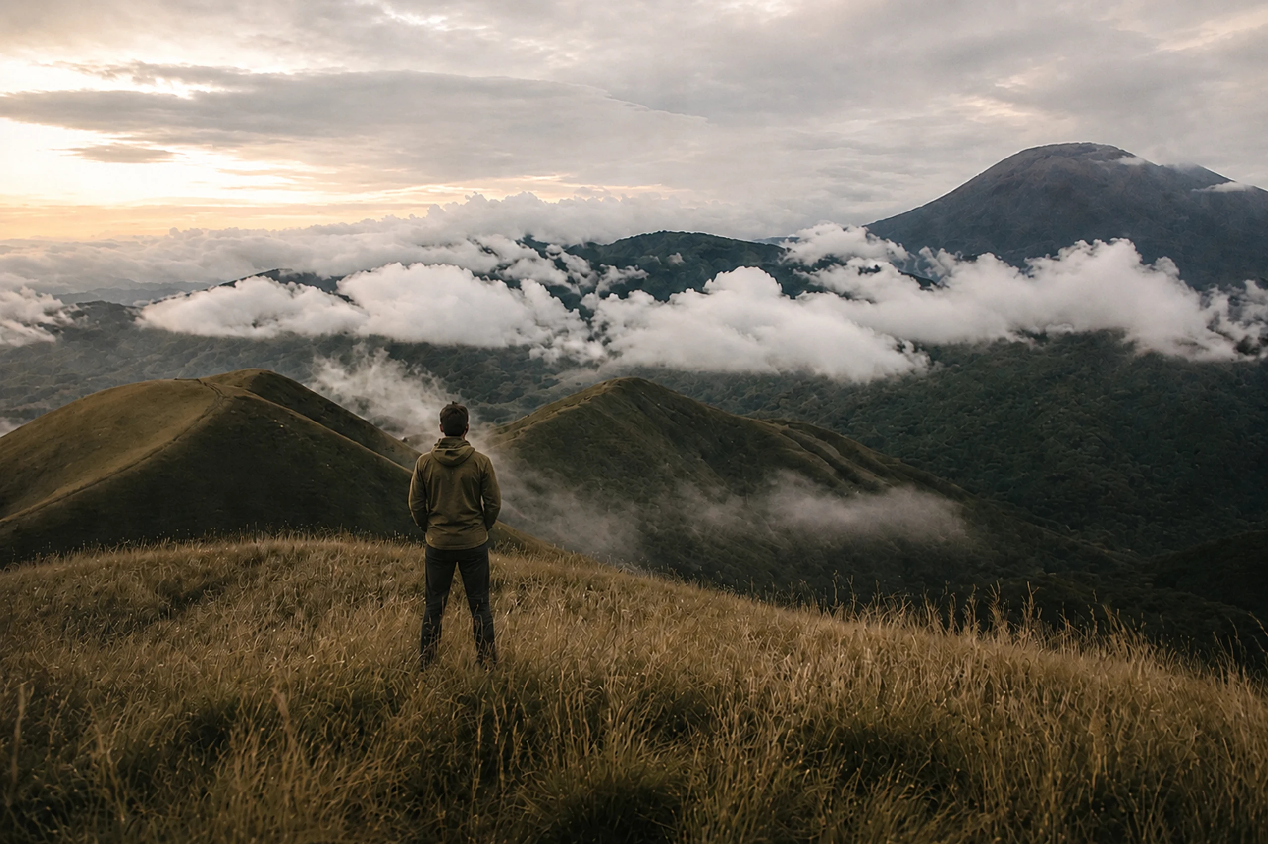 Budiman looking across golden grasses, mist-filled green ridges, and a distant mountain beneath a cloudy sky