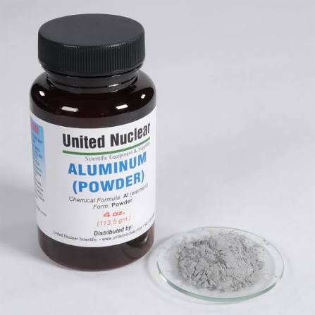 Aluminum powder in a bottle and sample dish.