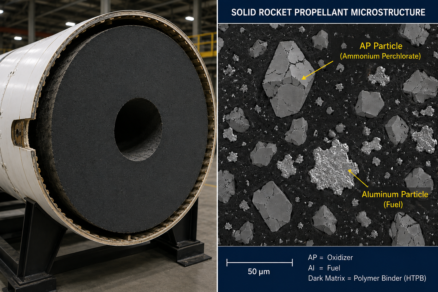 A solid rocket booster cutaway beside a labeled micrograph of ammonium perchlorate and aluminum particles in the HTPB binder