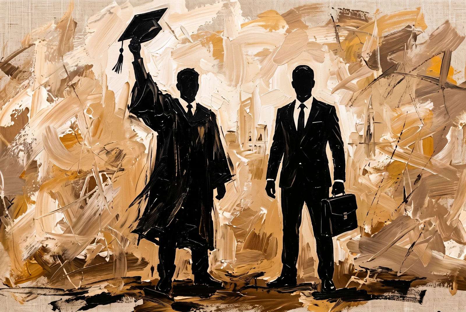 An expressive painting of a graduate holding a mortarboard beside a professional carrying a briefcase